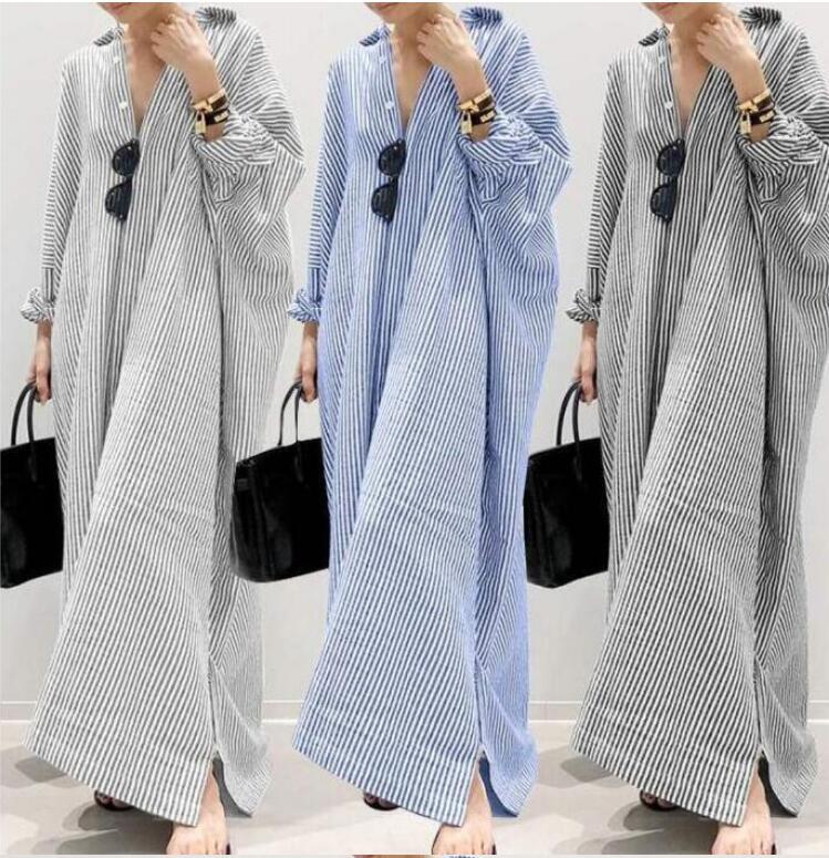 2022 Cross-border AliExpress New Cotton and Linen Striped Cardigan Loose Large Size Elegant Commuter Irregular Dress Blue Bar - Image 2