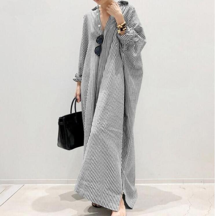 2022 Cross-border AliExpress New Cotton and Linen Striped Cardigan Loose Large Size Elegant Commuter Irregular Dress Blue Bar - Image 3