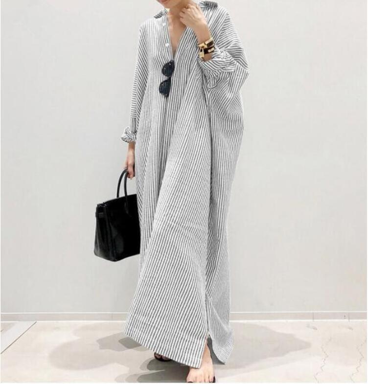 2022 Cross-border AliExpress New Cotton and Linen Striped Cardigan Loose Large Size Elegant Commuter Irregular Dress Blue Bar - Image 4