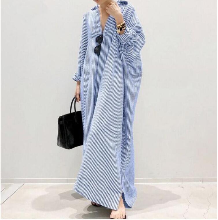 2022 Cross-border AliExpress New Cotton and Linen Striped Cardigan Loose Large Size Elegant Commuter Irregular Dress Blue Bar - Image 5