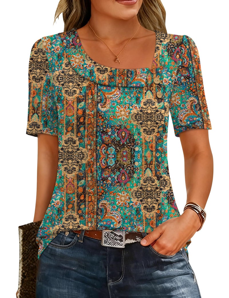 LUYAA Vacation Outfits for Women Dressy Casual Loose Fit Women's Short Sleeve Tops Asymmetrical Square Neck Button Blouses Boho Floral XL - Image 1