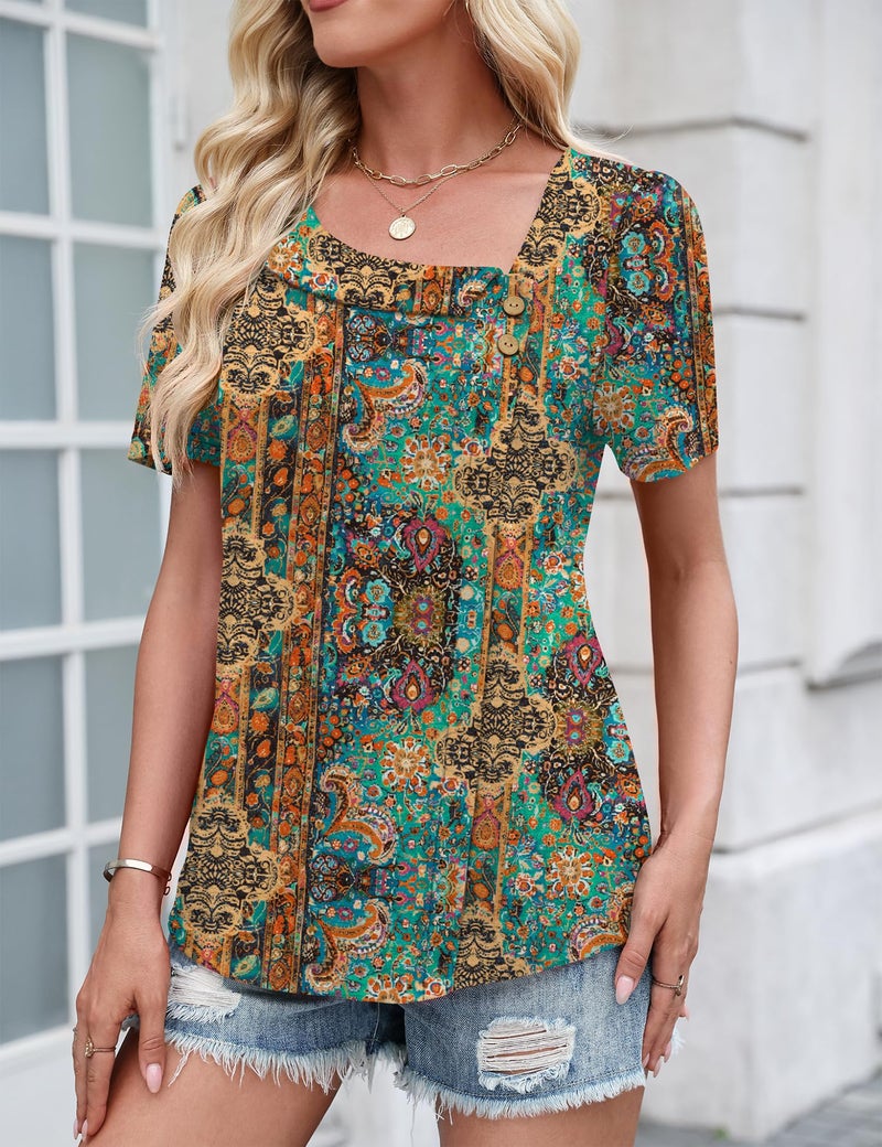 LUYAA Vacation Outfits for Women Dressy Casual Loose Fit Women's Short Sleeve Tops Asymmetrical Square Neck Button Blouses Boho Floral XL - Image 2