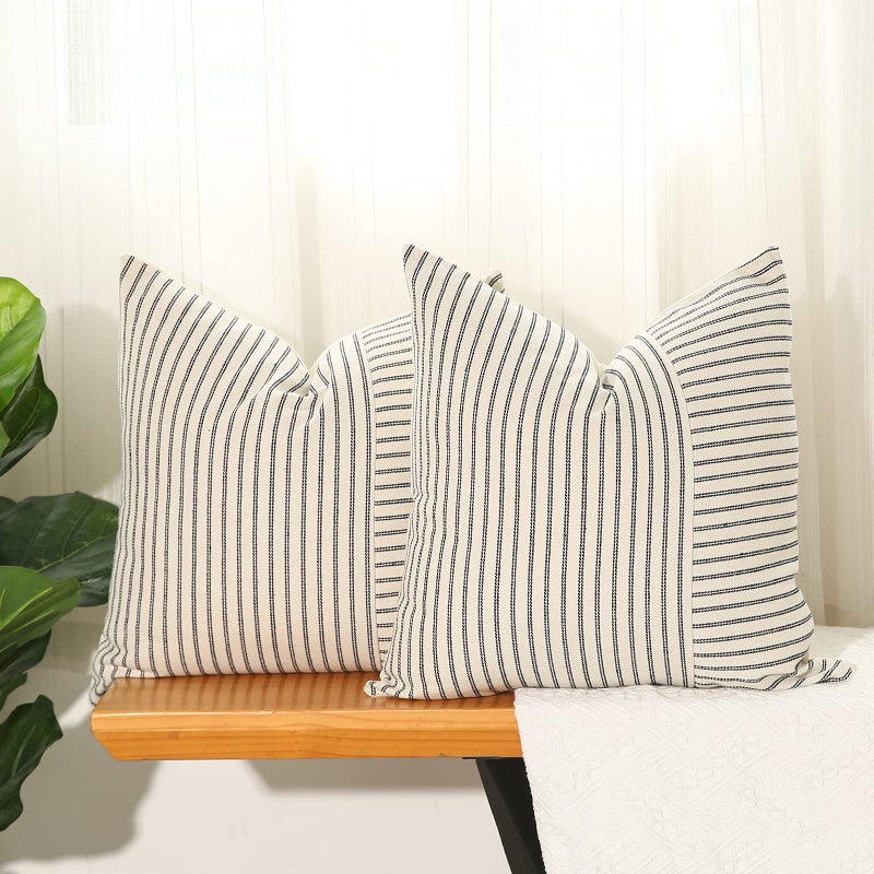 Hckot Black and Beige Patchwork Farmhouse Throw Pillows Covers 18 x 18 Inch Pack of 2 Striped Decorative Pillow Case for Sofa Couch Bed Chair Modern Boho DecorBlack