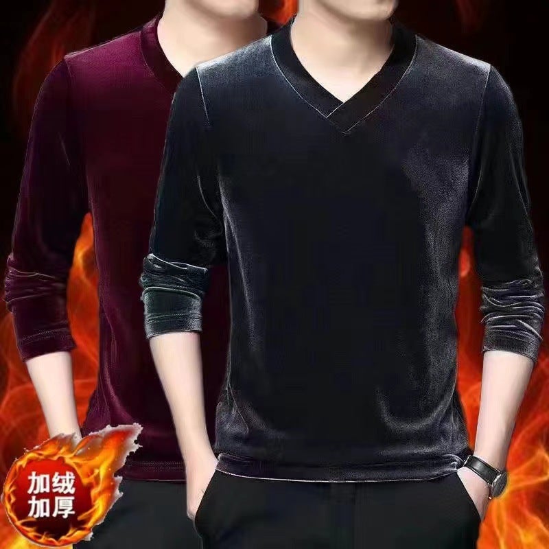 Gold Velvet Solid Color Long-sleeved T-shirt Mens Autumn and Winter V-neck Base Shirt Thermal Underwear Inner Casual Top T-shirt Black [fleece-lined]] - Image 3