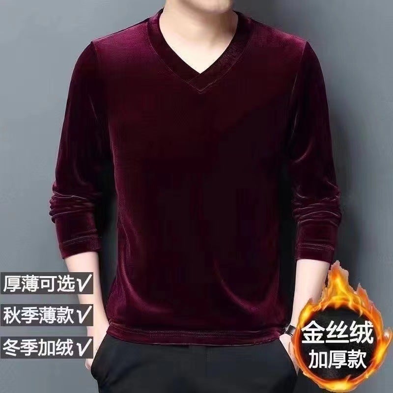 Gold Velvet Solid Color Long-sleeved T-shirt Mens Autumn and Winter V-neck Base Shirt Thermal Underwear Inner Casual Top T-shirt Black [fleece-lined]] - Image 2