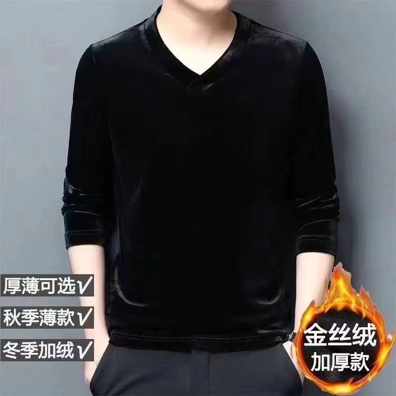 Gold Velvet Solid Color Long-sleeved T-shirt Mens Autumn and Winter V-neck Base Shirt Thermal Underwear Inner Casual Top T-shirt Black [fleece-lined]] - Image 1