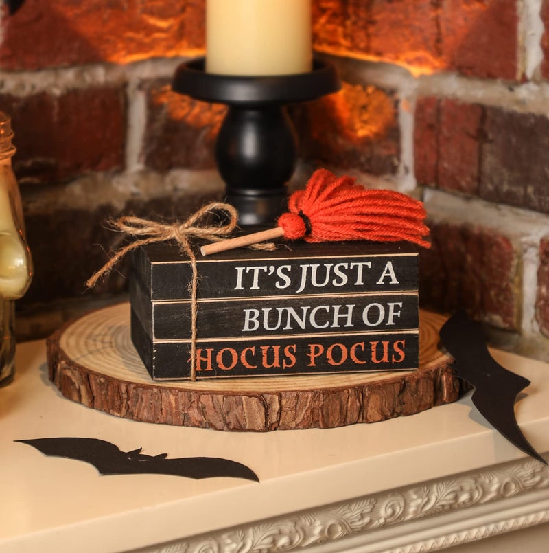 Halloween Wood Book Stack Hocus Pocus Mini Faux Books Bundle Halloween Tiered Tray Decor for Home Table Mantle Shelf