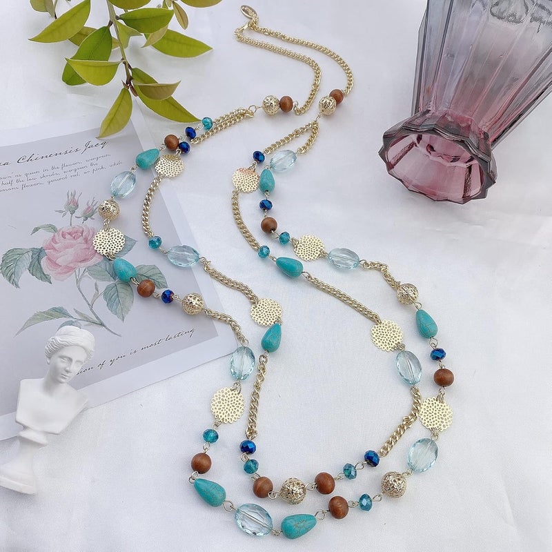 Bocar قلائد طويلة للنساء عصرية، قلائد كريستالية مزخرفة بطبقات بأسلوب بوهيمي للنساء، مجوهرات قلائد تعبر عن الموضة - Image 2