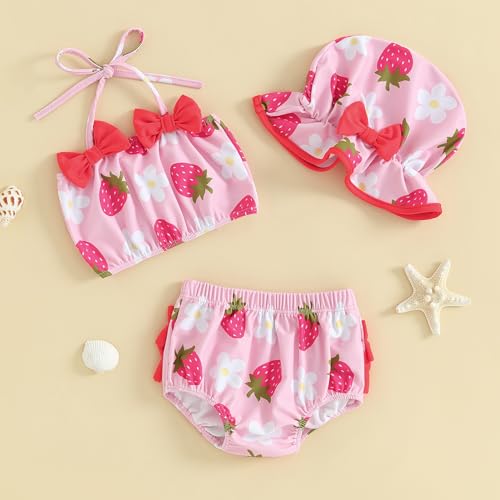 Yccutest Toddler Girl Swimsuits Infant Baby Girl Bathing Suit Bikini Sets Swimwear 3 Piece Summer Beach Outfit Top Shorts Hat (G-Pink Strawberry,6-12 Months) - Image 2