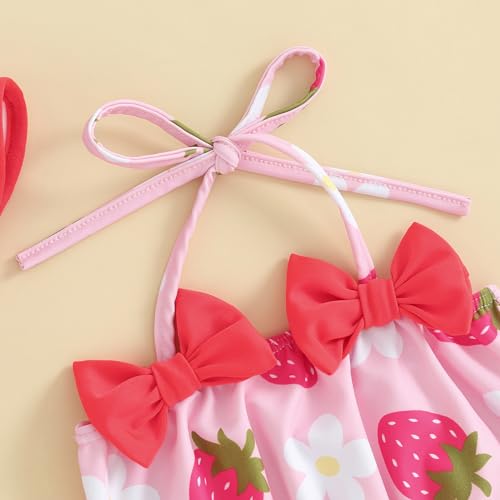 Yccutest Toddler Girl Swimsuits Infant Baby Girl Bathing Suit Bikini Sets Swimwear 3 Piece Summer Beach Outfit Top Shorts Hat (G-Pink Strawberry,6-12 Months) - Image 3