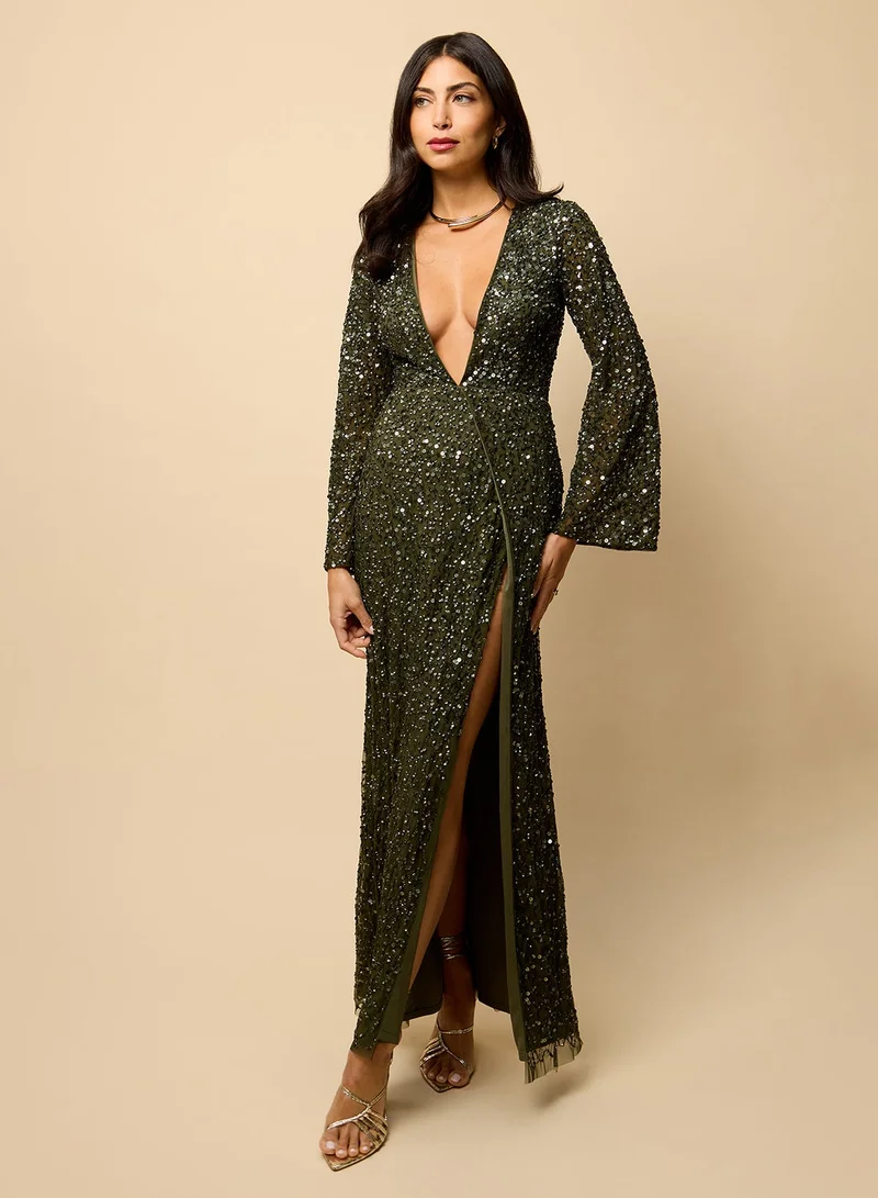 Embellished Side Slit Flared Sleeve Maxi Dress