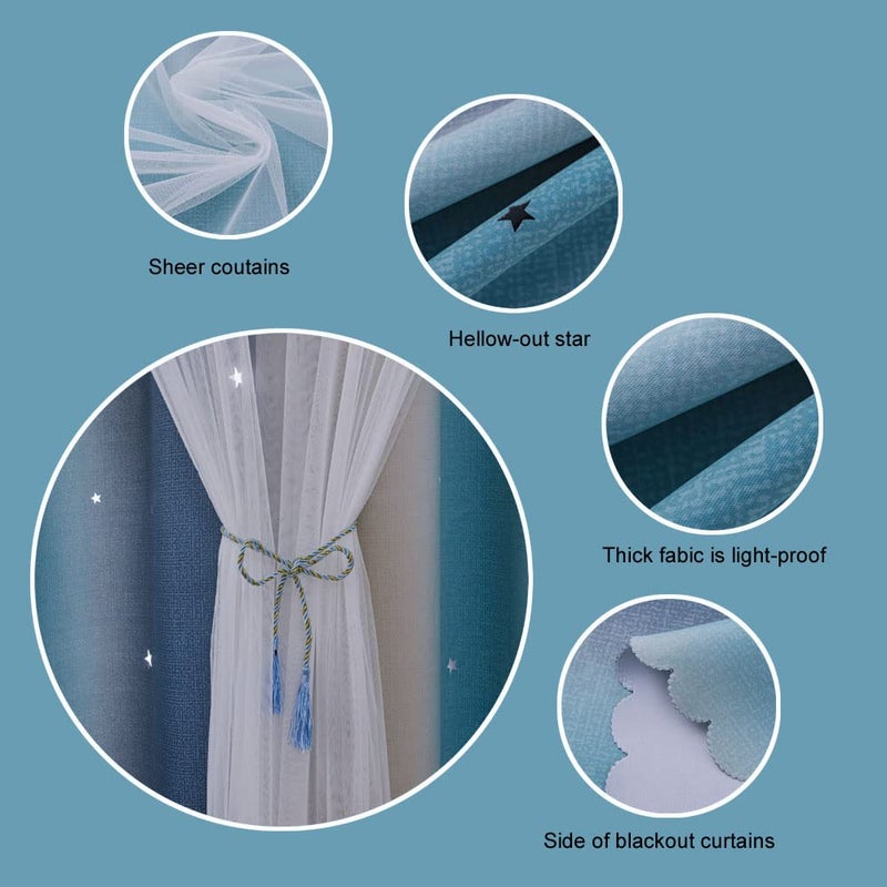 ZHUHAN Rainbow Ombre Star Cutouts Blackout Curtains for Girl Kid Nursery Bedroom and Living Room Decor Darken Double Layer Window Cute Grommet Soundproof Darpes Light (Yellow Blue 52W X 95L 2- Panels) - Image 4