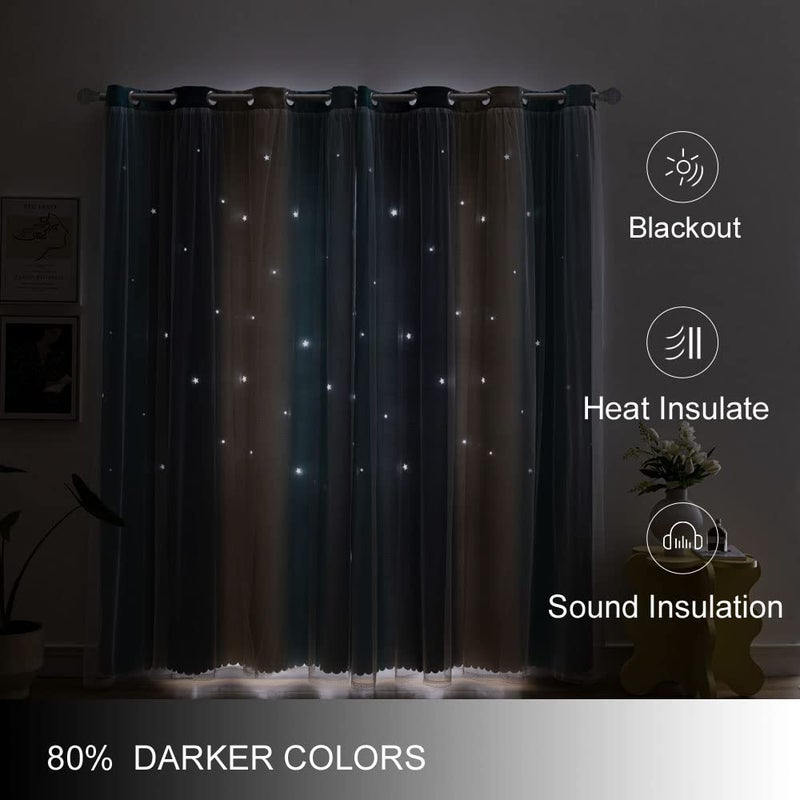 ZHUHAN Rainbow Ombre Star Cutouts Blackout Curtains for Girl Kid Nursery Bedroom and Living Room Decor Darken Double Layer Window Cute Grommet Soundproof Darpes Light (Yellow Blue 52W X 95L 2- Panels) - Image 3