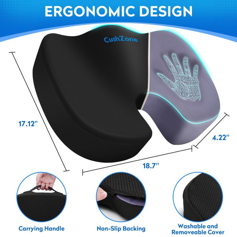 CushZone XXLSeat Cushion Office Car Seat Cushion, Memory Foam Cushion for Office Chair, Car Seat, Airplane, Bleacher Non-Slip Chair Pad, Butt Pillow for Desk, Wheelchair, Car (Black) - Image 4
