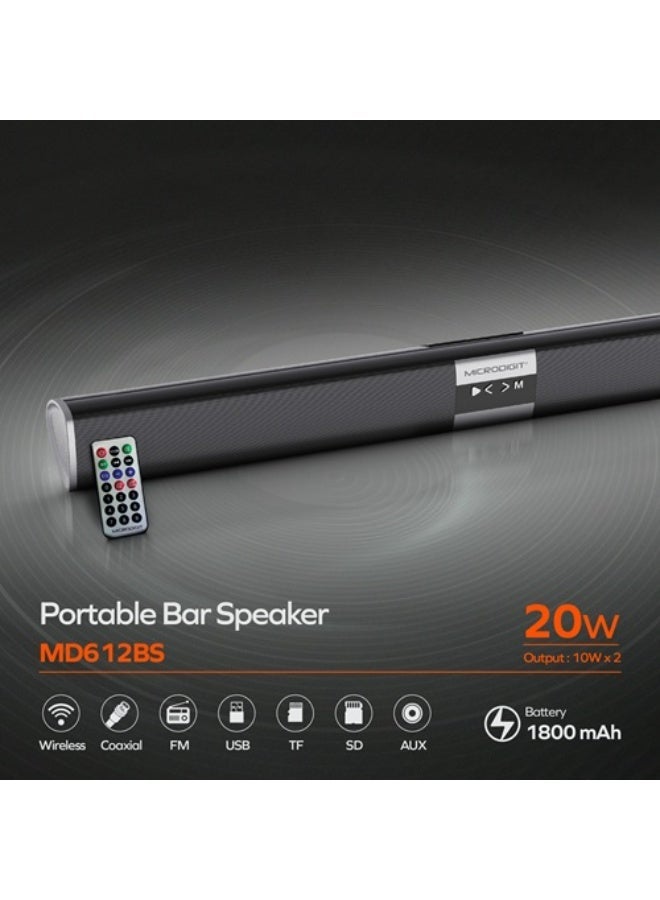 Microdigit سماعة بار بلوتوث محمولة مايكرو ديجيت MD612BS 20 واط بطارية 1800 مللي أمبير مع منافذ USB و AUX و FM - Image 1