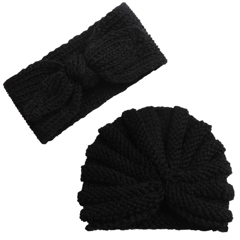 New Wool Set Baby Two-Piece Wool Childrens Warm Hat Baby Rabbit Ears Hair Band Knitted Hat #4 Black