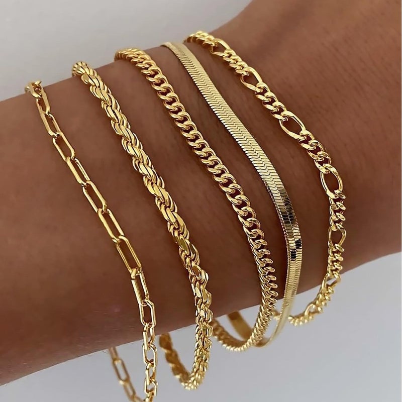 YX 5-Piece Metal Chain Bracelet Set - Minimalist Layered Geometric Bracelets for Men and Women - Image 1
