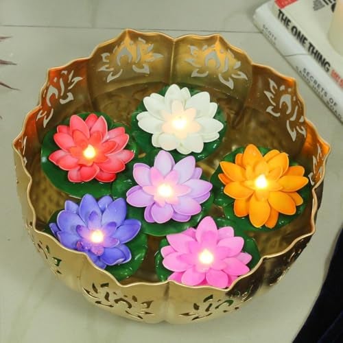 VERVENIX Set of 6 Floating Lotus LED Candles with Water Sensor – Multicolor, Smokeless & Flameless Tea Lights for Diwali Festival, Home & Outdoor Decoration - Image 1