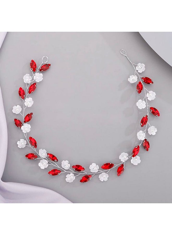 Chargances - Bride Flower Rhinestone Headband Wedding Red Crystal Hair Vine Bridal Prom Hair Accessories For Women And Girls (Red) - Image 1