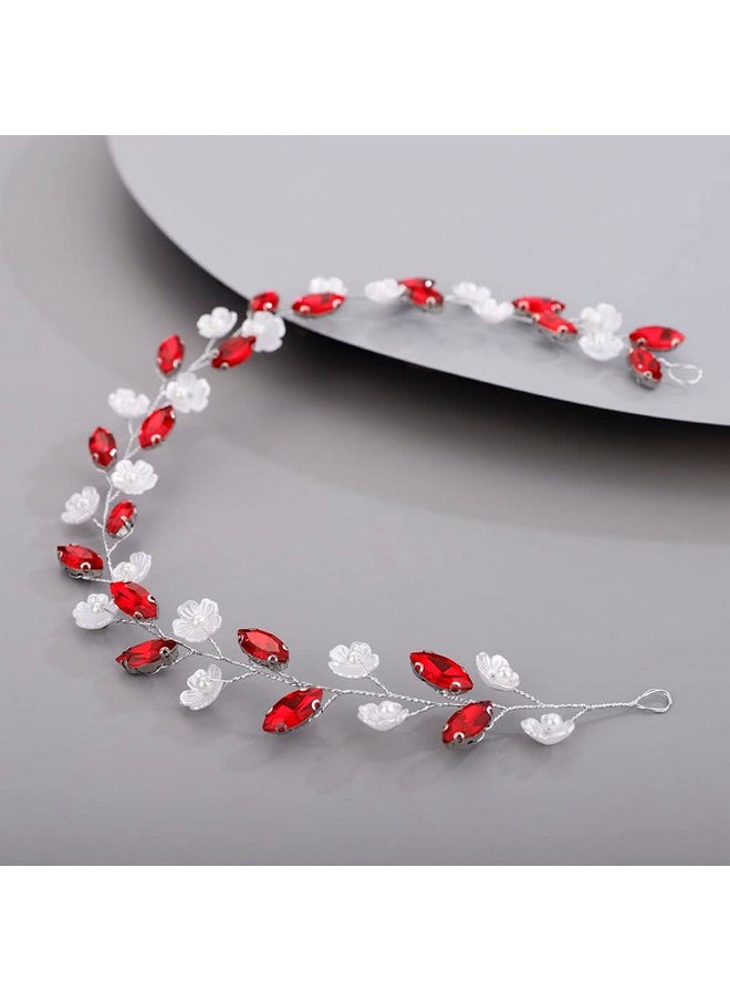 Chargances - Bride Flower Rhinestone Headband Wedding Red Crystal Hair Vine Bridal Prom Hair Accessories For Women And Girls (Red) - Image 1