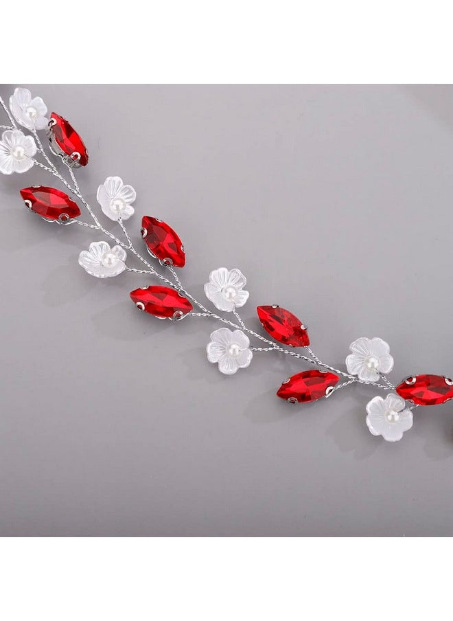 Chargances - Bride Flower Rhinestone Headband Wedding Red Crystal Hair Vine Bridal Prom Hair Accessories For Women And Girls (Red) - Image 1