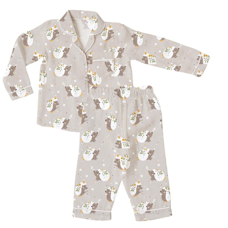 Cocoon Care 100% Bamboo Cotton Muslin Printed Night Suit for Babies - Hedgehog Blossoms Print Taupe - Image 1