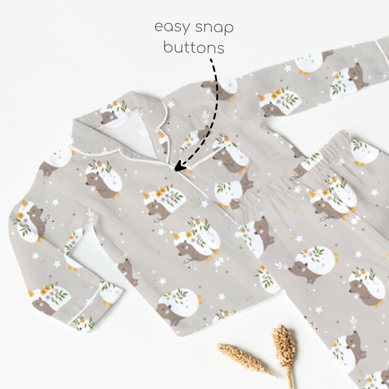 Cocoon Care 100% Bamboo Cotton Muslin Printed Night Suit for Babies - Hedgehog Blossoms Print Taupe - Image 3