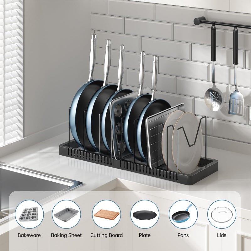 PanPanPal Pots and Pans Organizer under Cabinet, Expandable Pot Lid Organizer Holder with 10 Adjustable Compartment, Pan Organizers inside Cabinet for Lids, Bakeware, Kitchen Storage Pot Rack, Black - Image 3