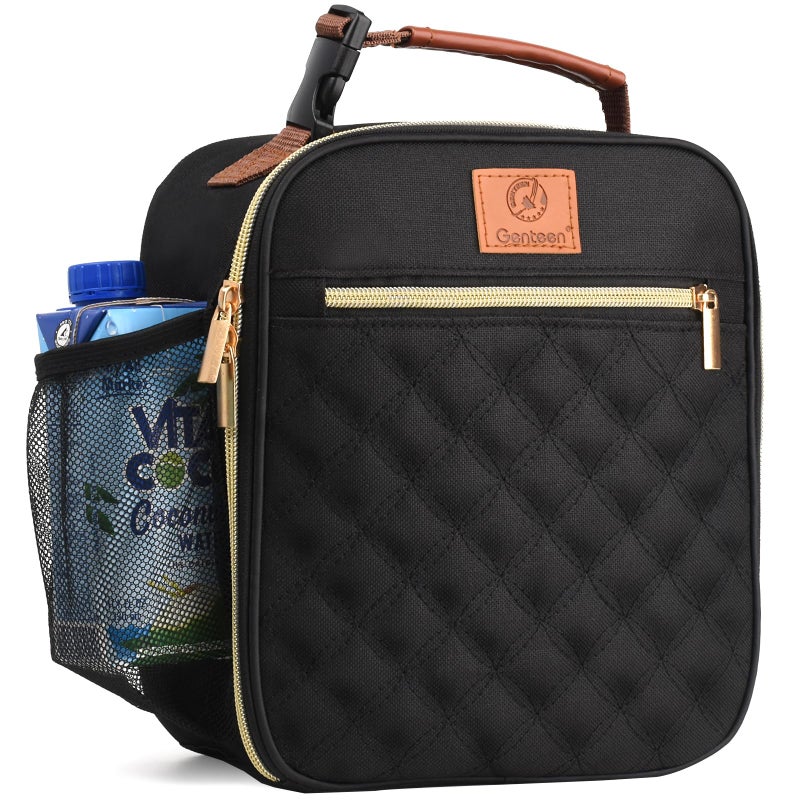Genteen Lunch Box Reusable Lunch Bag for Men Women Kids AdultsInsulated Lunch Bag Waterproof Lunch Boxes CoolerSmall LunchBox With Side Pockets for Work Office School Travel PicnicBlack