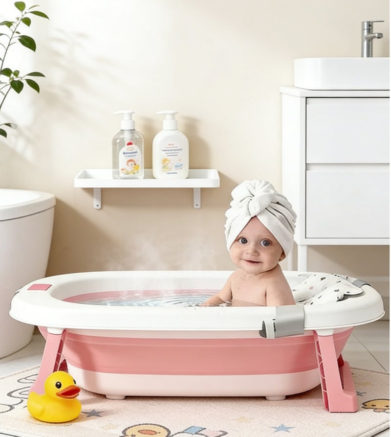 Yoawllty Baby Bath Tub, Foldable Bathtub with Soft Bath Mat Cushion for Newborn, Drain Hole and Non-Slip Support Leg(Pink) - Image 1