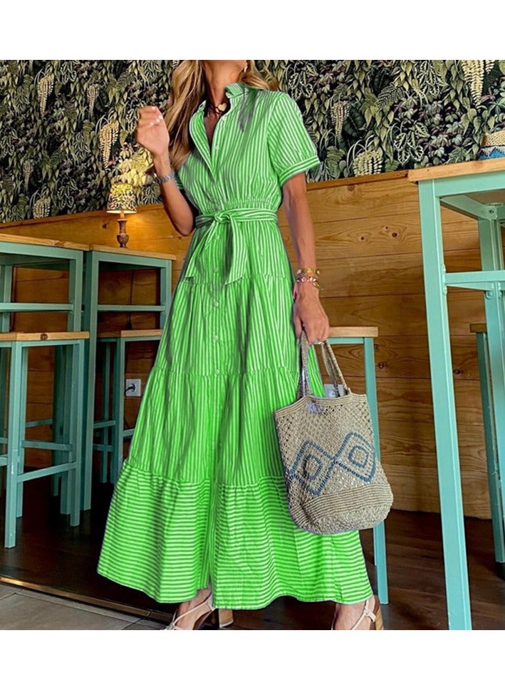 Shougu New Fashionable Striped Short Sleeved Loose Mid Length Dress  - Image 1