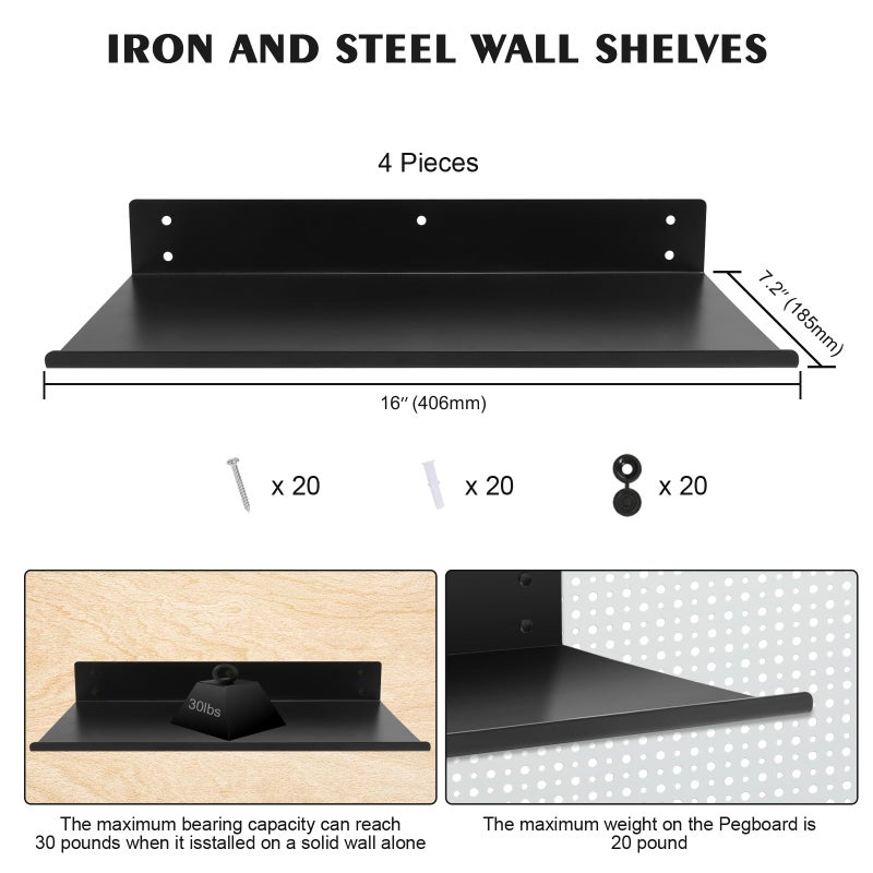 Daanxw Heavy Duty Pegboard Steel Shelves,Can Be Used for Walls or Pegboards,Floating Steel Shelves for Wall,Pegboard Shelf,Suitable for Bathroom,Bedroom,Kitchen and Garage,16 x 7 inch(4 Packs Black) - Image 3