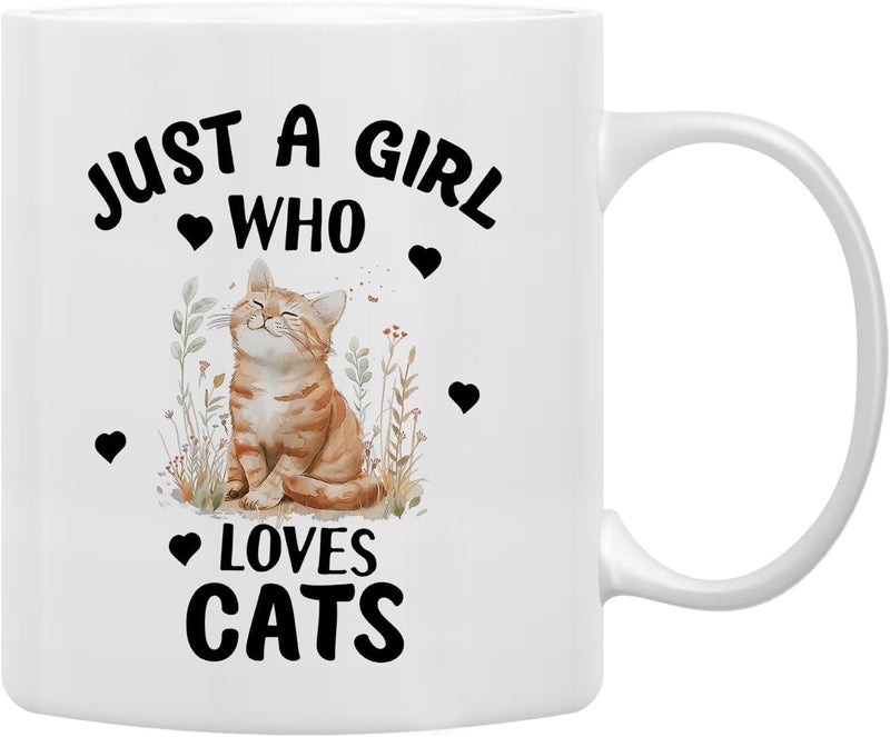 FUNKYFINDS Cat Mugs for Cat Lovers Ceramic Coffee Mug or Tea Mugs Cat Design Coffee Mugs with Hand Printed Designs and Printed Saying Just A Girl Who Loves Cats Printed Mug 330ML Set of 1 - Image 1