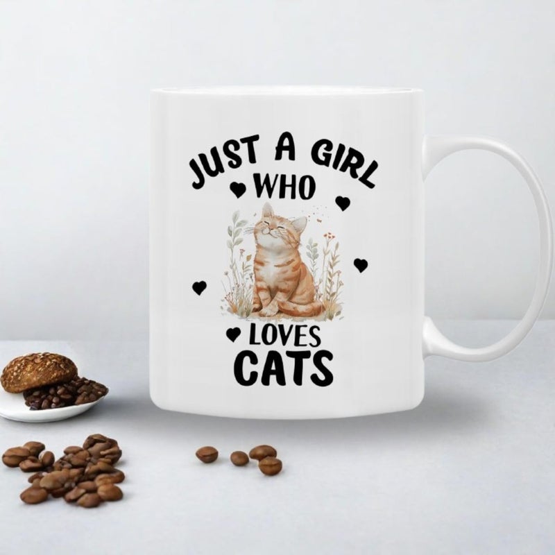 FUNKYFINDS Cat Mugs for Cat Lovers Ceramic Coffee Mug or Tea Mugs Cat Design Coffee Mugs with Hand Printed Designs and Printed Saying Just A Girl Who Loves Cats Printed Mug 330ML Set of 1 - Image 2
