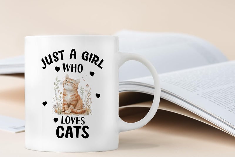 FUNKYFINDS Cat Mugs for Cat Lovers Ceramic Coffee Mug or Tea Mugs Cat Design Coffee Mugs with Hand Printed Designs and Printed Saying Just A Girl Who Loves Cats Printed Mug 330ML Set of 1 - Image 5