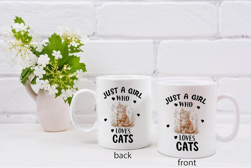 FUNKYFINDS Cat Mugs for Cat Lovers Ceramic Coffee Mug or Tea Mugs Cat Design Coffee Mugs with Hand Printed Designs and Printed Saying Just A Girl Who Loves Cats Printed Mug 330ML Set of 1 - Image 4