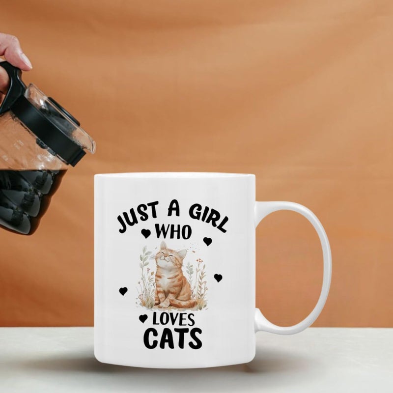 FUNKYFINDS Cat Mugs for Cat Lovers Ceramic Coffee Mug or Tea Mugs Cat Design Coffee Mugs with Hand Printed Designs and Printed Saying Just A Girl Who Loves Cats Printed Mug 330ML Set of 1 - Image 3