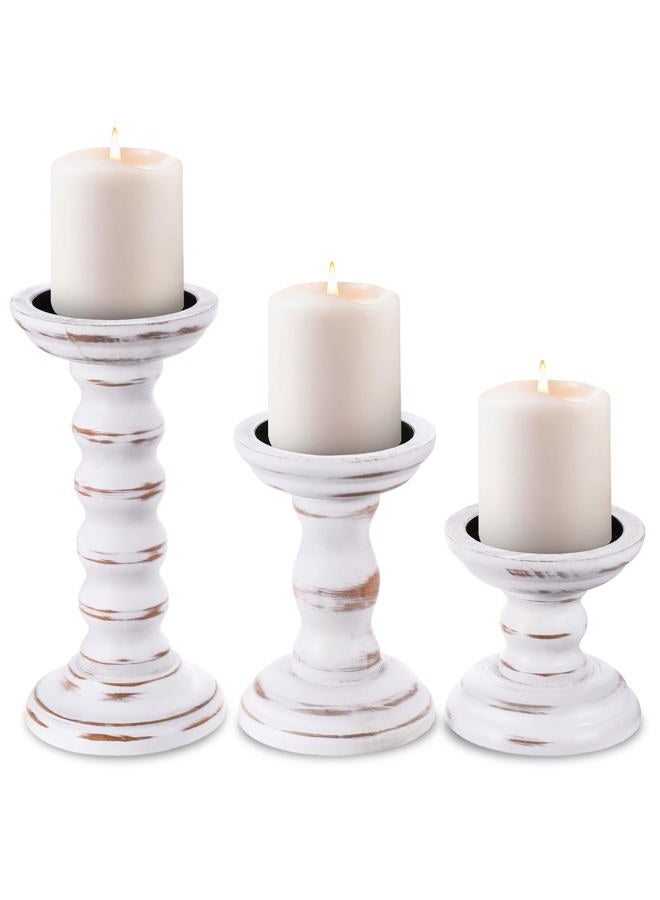 Exclaith Farmhouse Wood Candle Holders Rustic Candles Holder Set of 3 Rustic Wooden Candle Stand Decorative Wood Candlestick Holdersfor Living Room, Table Centerpiece Dining Fireplace(White) - Image 1