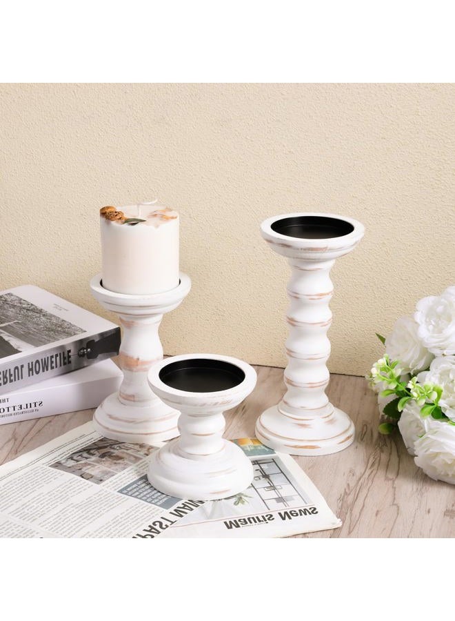 Exclaith Farmhouse Wood Candle Holders Rustic Candles Holder Set of 3 Rustic Wooden Candle Stand Decorative Wood Candlestick Holdersfor Living Room, Table Centerpiece Dining Fireplace(White) - Image 4