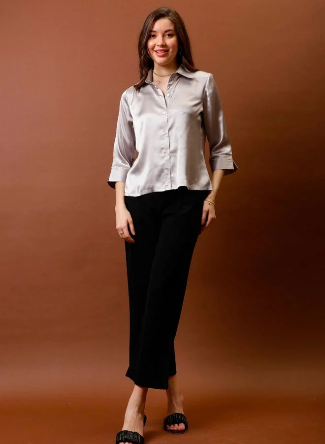 Athena Beige Spread Collar Relaxed Fit Shirt