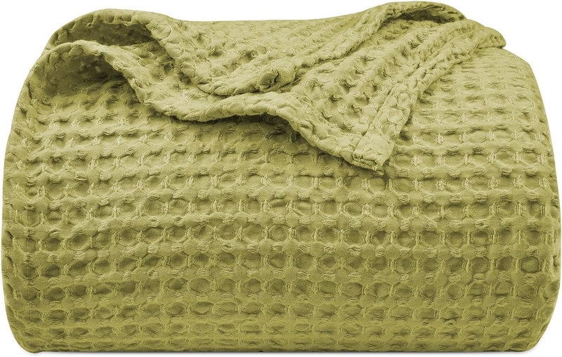 PHF Ultra Soft 400gsm Waffle Weave Blanket King Size (230cm x 264cm), Cozy Woven Blanket for Bed, Decor, Sofa, Olive Green - Image 1