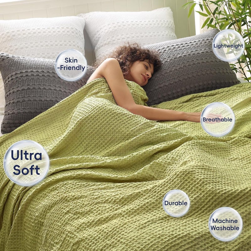 PHF Ultra Soft 400gsm Waffle Weave Blanket King Size (230cm x 264cm), Cozy Woven Blanket for Bed, Decor, Sofa, Olive Green - Image 2