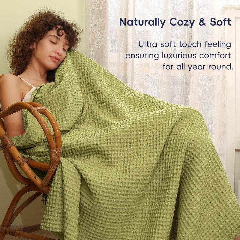 PHF Ultra Soft 400gsm Waffle Weave Blanket King Size (230cm x 264cm), Cozy Woven Blanket for Bed, Decor, Sofa, Olive Green - Image 4