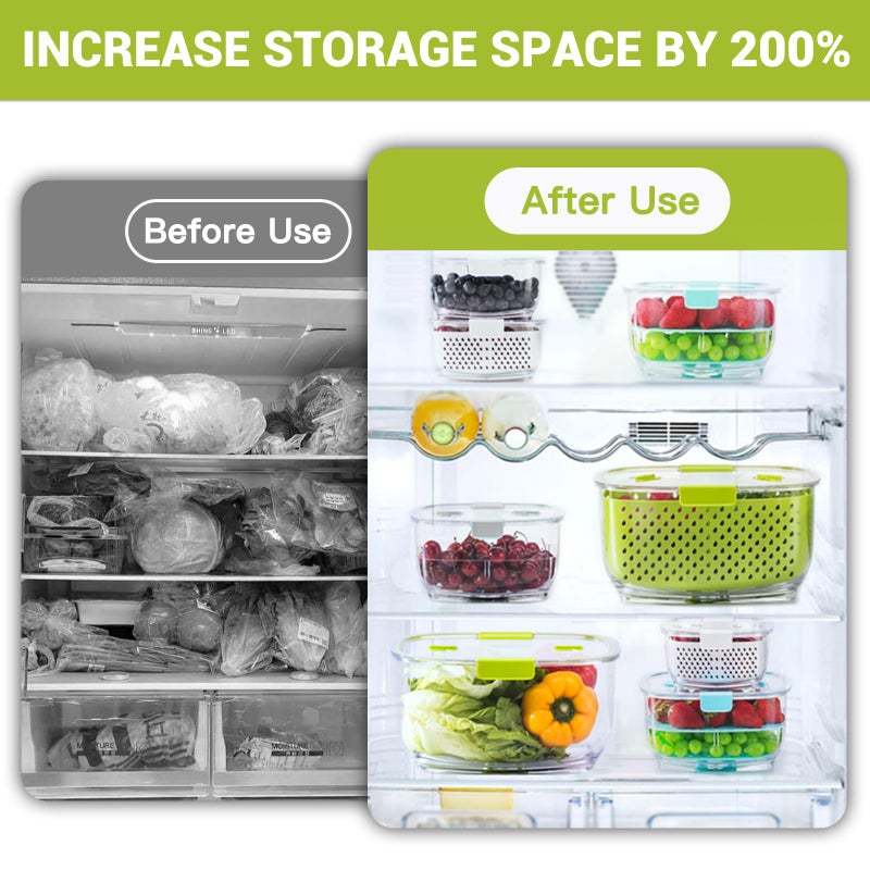 LUXEAR Fresh Produce Vegetable Fruit Storage Containers 3Piece Set, BPA-free Fridge Storage Container, Partitioned Salad Container, Fridge Organizers, Used in Storing Fruits Vegetables, Green - Image 2