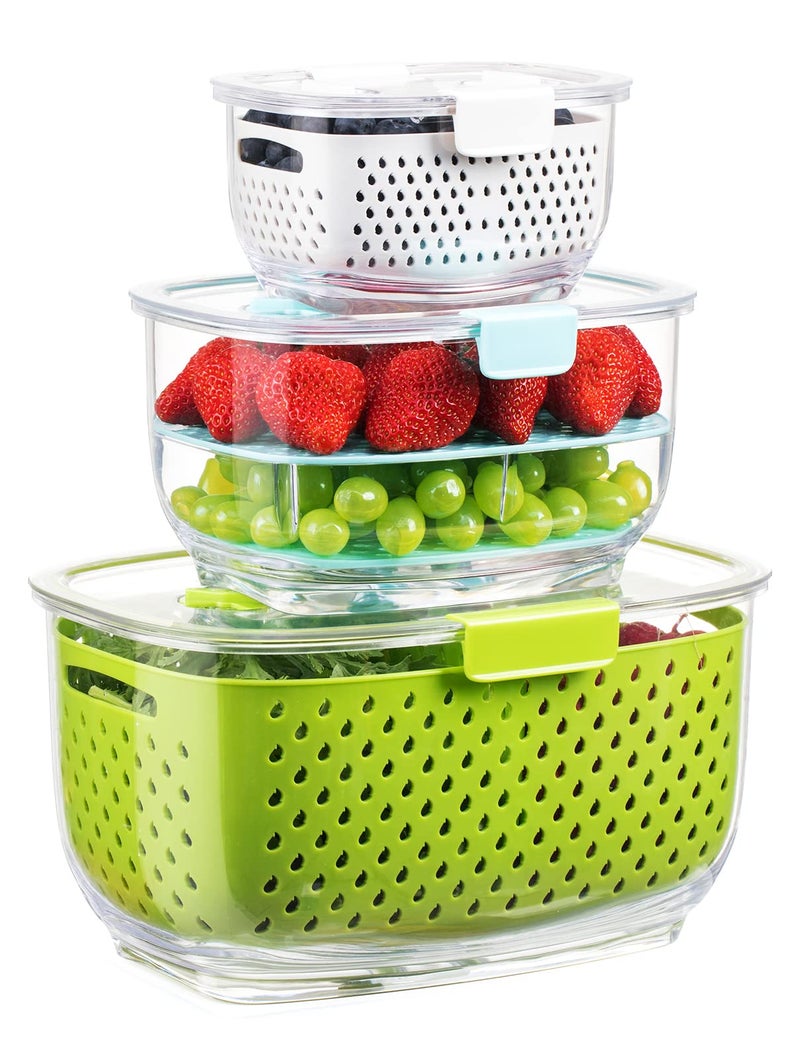 LUXEAR Fresh Produce Vegetable Fruit Storage Containers 3Piece Set, BPA-free Fridge Storage Container, Partitioned Salad Container, Fridge Organizers, Used in Storing Fruits Vegetables, Green - Image 1