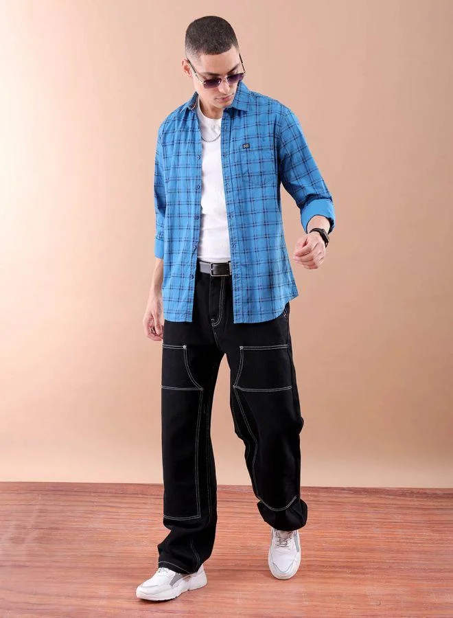 شركة المرآب الهندية Men Slim Fit Checkered Full Sleeves Spread Collar Casual Shirt