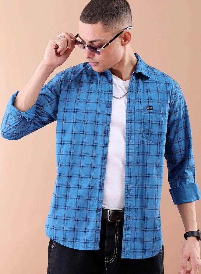 شركة المرآب الهندية Men Slim Fit Checkered Full Sleeves Spread Collar Casual Shirt