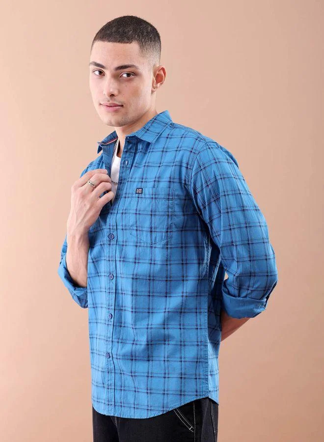 شركة المرآب الهندية Men Slim Fit Checkered Full Sleeves Spread Collar Casual Shirt