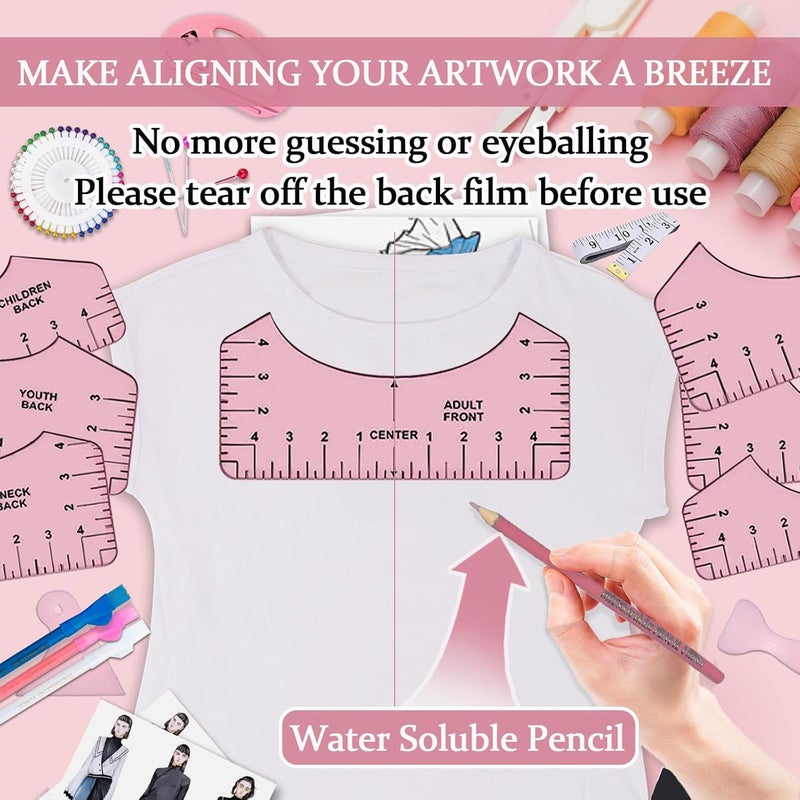 دي ان اس جوور مجموعات أدوات لتصنيع قمصان بتقنية الصبغ بالتبخر (Sublimation Shirts Tool Kits) تشمل أدوات لمحاذاة الفينيل (Vinyl Alignment Tools)، ولوحة محمولة للكي (Portable Ironing Pad)، وأدوات لقياس مقاسات القمصان (T-Shirt Rulers)، بالإضافة إلى ورق تفلون (Teflon Sheet) لاستخدامها مع آلة الضغط الحراري Cricut HTV لتصميمات الفينيل، وملحقات للخياطة اليدوية (Craft Sewing Accessories)، بإجمالي 67 قطعة. - Image 4