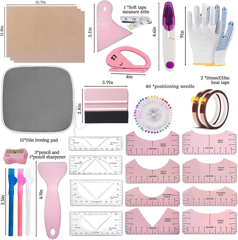 دي ان اس جوور مجموعات أدوات لتصنيع قمصان بتقنية الصبغ بالتبخر (Sublimation Shirts Tool Kits) تشمل أدوات لمحاذاة الفينيل (Vinyl Alignment Tools)، ولوحة محمولة للكي (Portable Ironing Pad)، وأدوات لقياس مقاسات القمصان (T-Shirt Rulers)، بالإضافة إلى ورق تفلون (Teflon Sheet) لاستخدامها مع آلة الضغط الحراري Cricut HTV لتصميمات الفينيل، وملحقات للخياطة اليدوية (Craft Sewing Accessories)، بإجمالي 67 قطعة. - Image 2